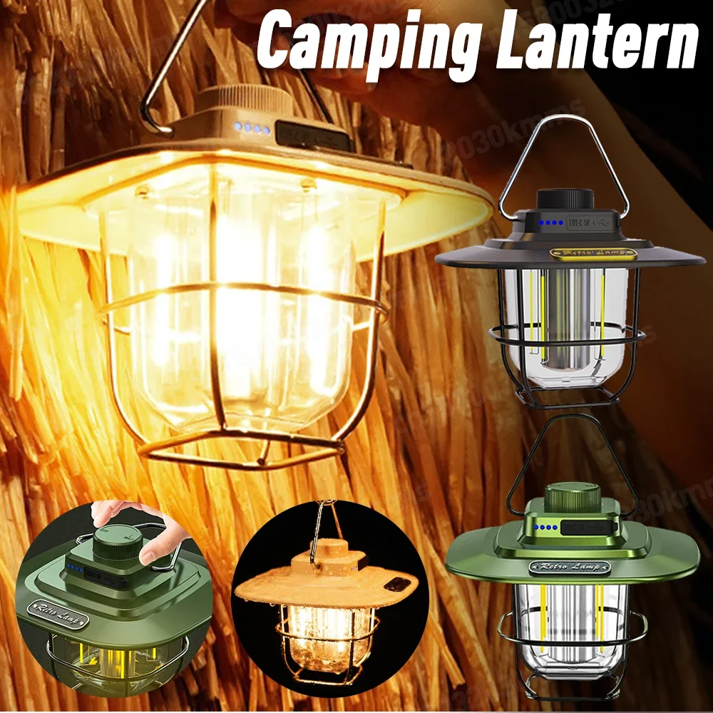 LED Camping Lamp Retro Hanging Tent Lamp Waterproof Dimmable Camping Lights 4500mAh Battery Emergency Light Lantern for Outdoor