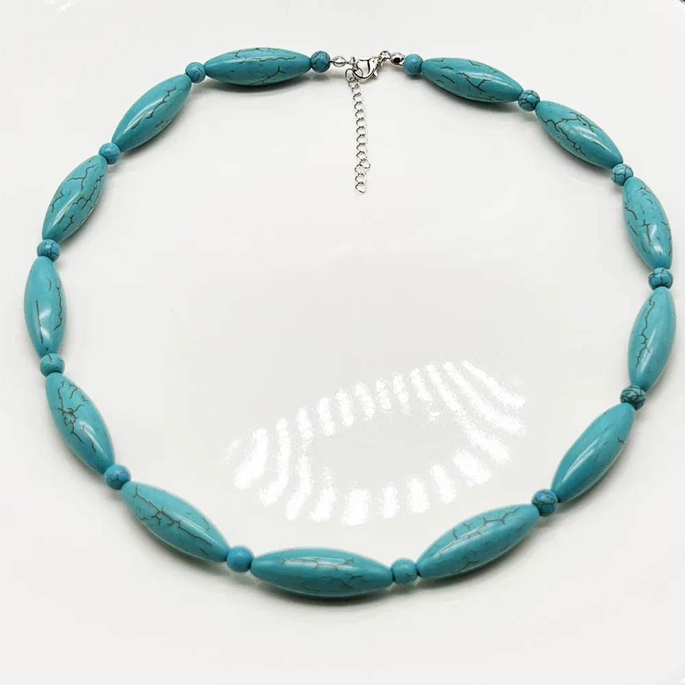 1PCS retro ethnic style turquoise rice shaped round bead necklace, niche and versatile collarbone chain