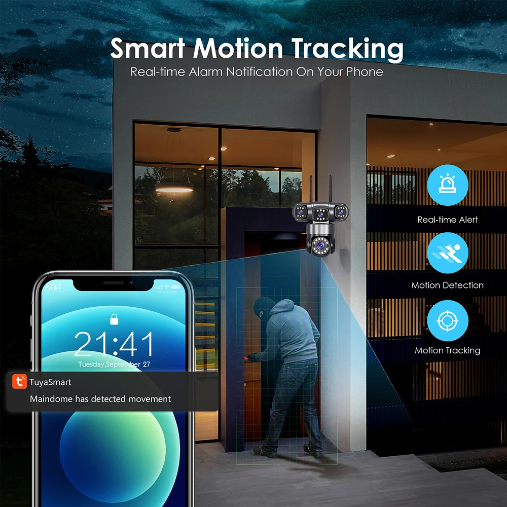 20MP HD Home Security Outdoor WiFi Camera 4 Lens 4 Screen 360° 16X Zoom CCTV Wireless Surveillance PTZ Cam Security Protection