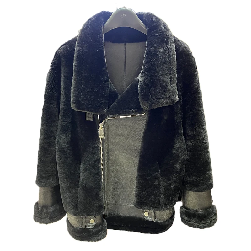 2023 Women Locomotive Suit Winter Real Natural Merino Sheep Fur Coat Genuine Leather Jacket Thick Warm Luxury Female Coat