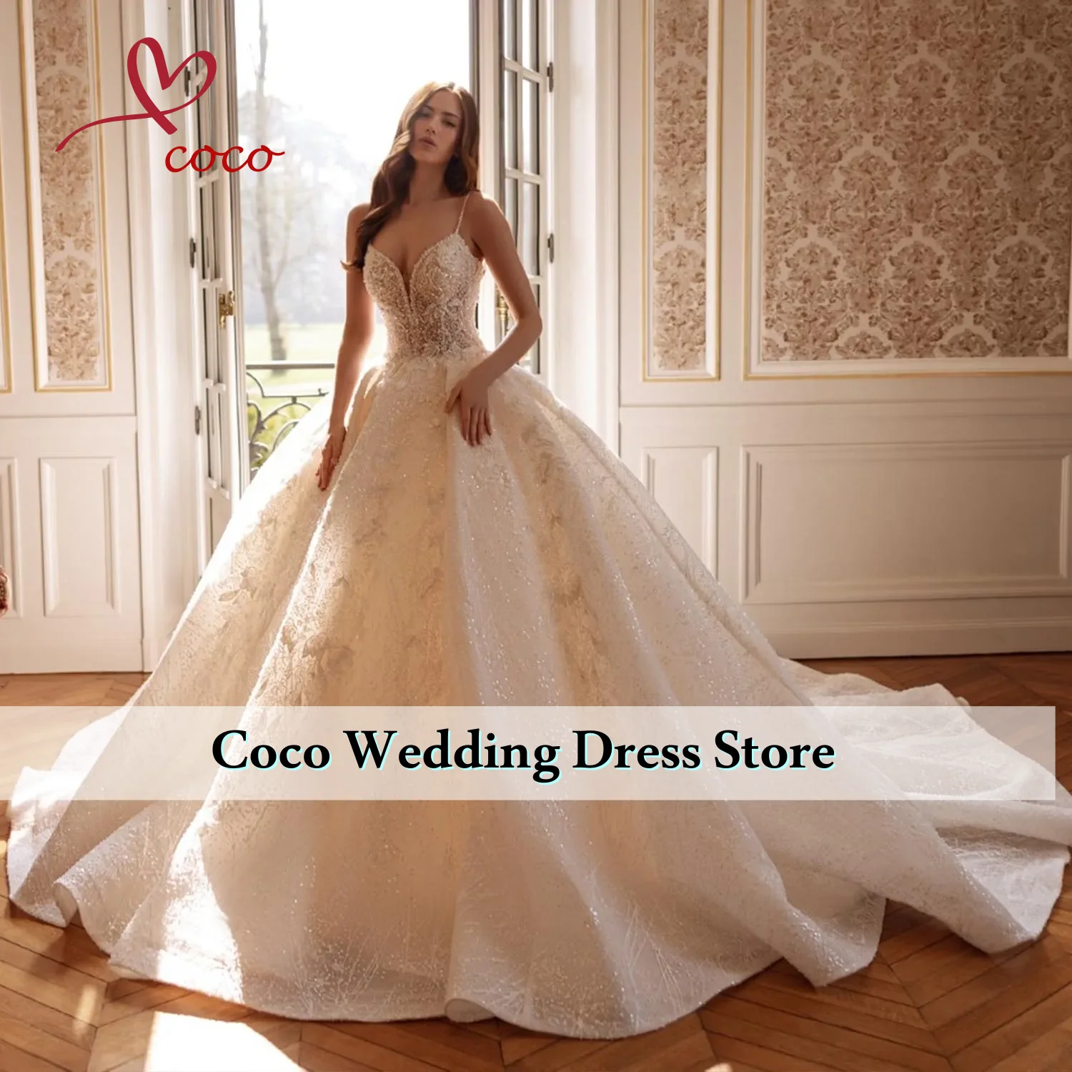 

Роскошное бальное платье в форме сердца по индивидуальному заказу, свадебные платья, расшитое бисером на тонких бретельках, аппликация, свадебное платье принцессы