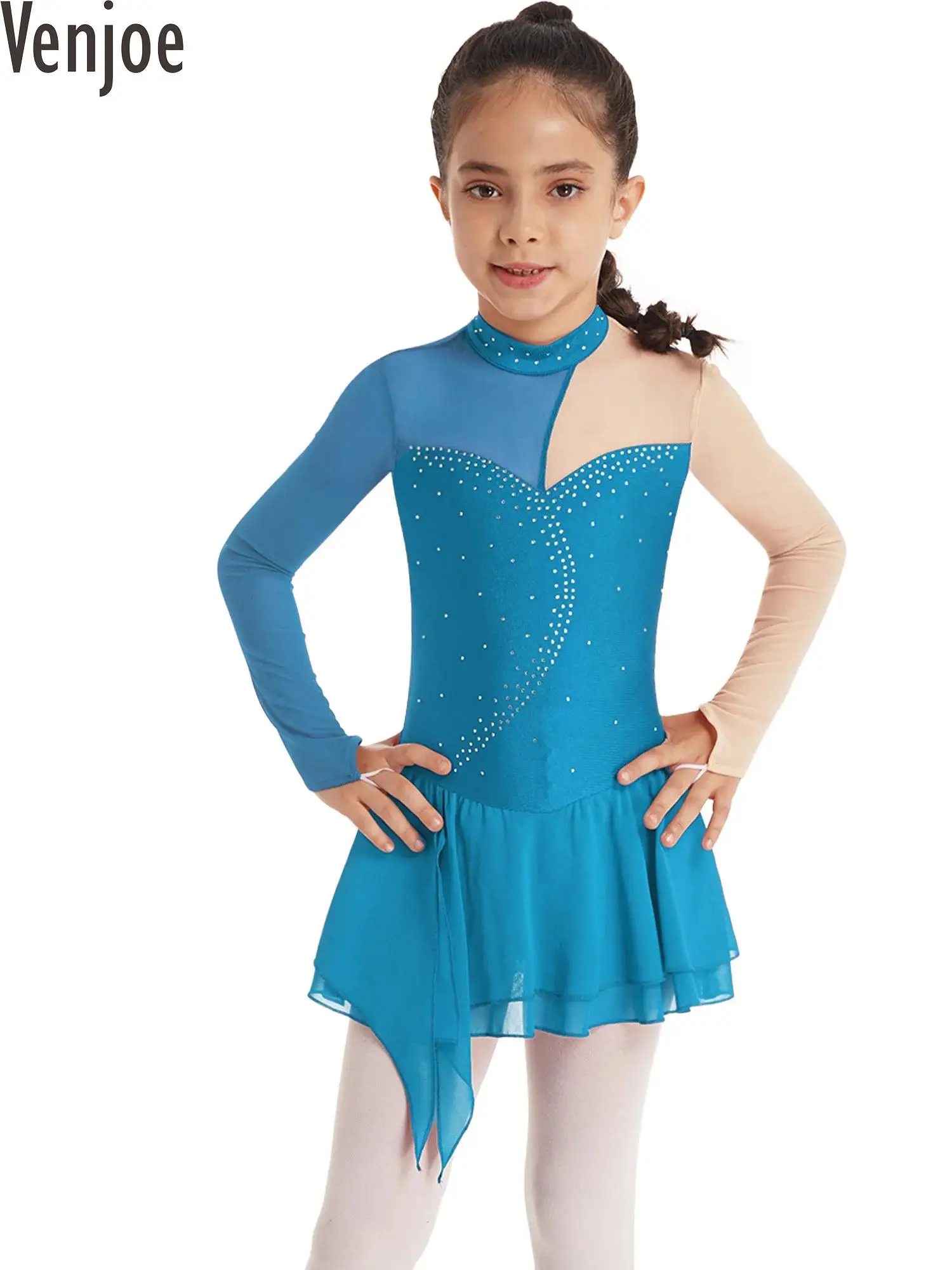 Kids Girls Ballet Leotard Long Sleeve Round Collar Hollow Rhinestone Skating Dance Dress Gymnastics Bodysuit Ballerina Costume