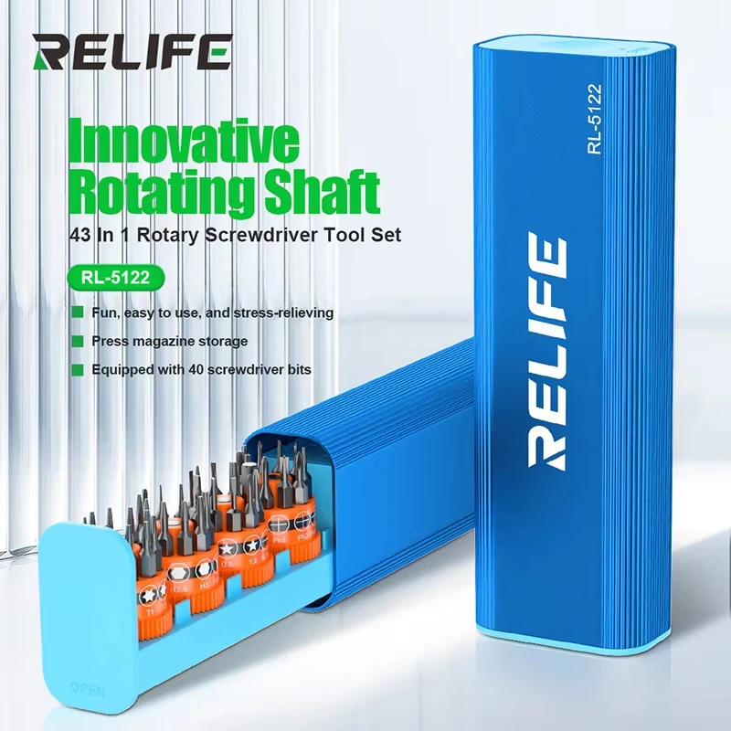 RELIFE RL-5122 43-in-1 Lnnovative Rotating Shaft Rotary Screwdriver Kits with Screw Storage Box Repair Tools Set for Phones PC