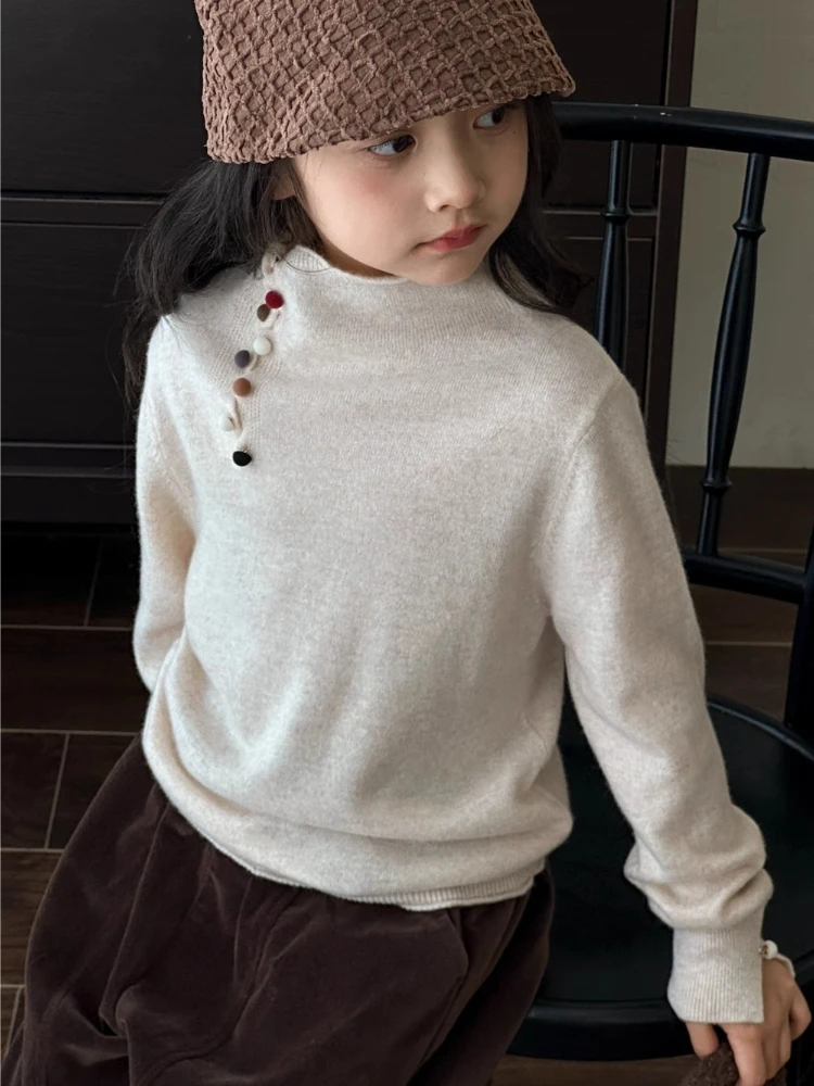 Girls Korean Style Knit Sweater Fall 2026 Half Turtleneck Base Layer Top Kids Chic Pullover Inner Wear