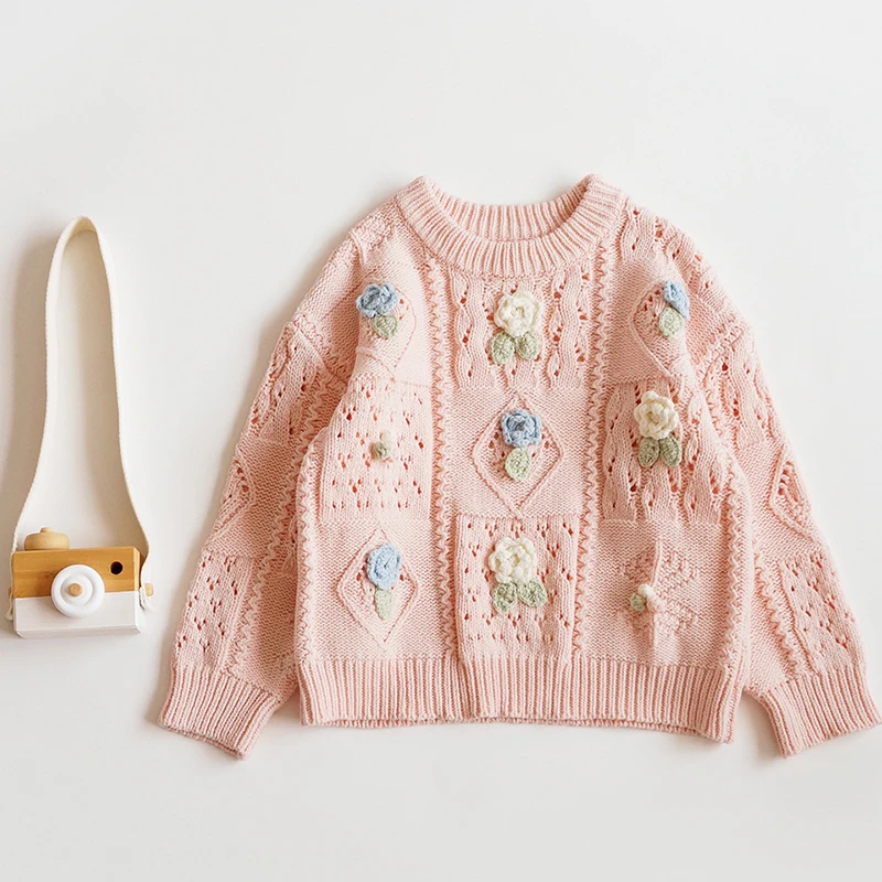 

1-6Yrs Girls Embroidery Flower Knit Sweaters Autumn Winter Children's Kids Baby Girls Clothes Pullover Kids Long Sleeve Sweater