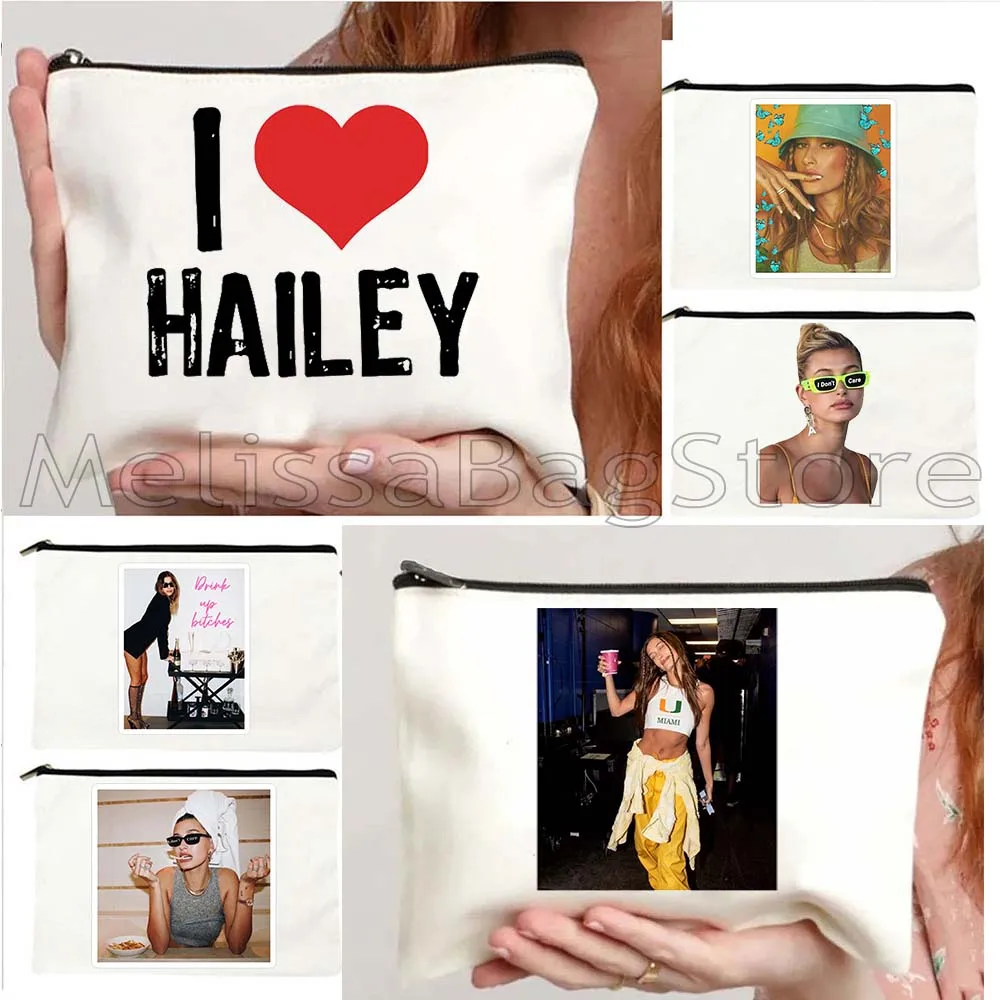 Funny Cute Fashion Hailey Bieber Love Heart Queen Girl Student Women Canvas Cosmetic Bag Makeup Toilet Bag Pencil Case Pouch