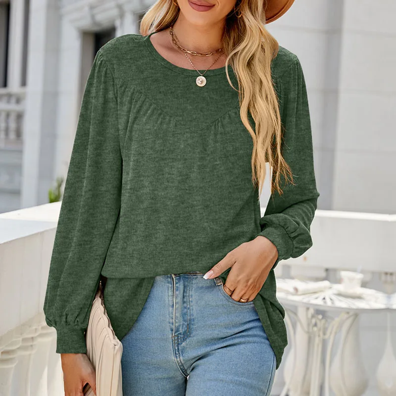 

2022 Autumn and Winter Casual Shirts for Women Lantern Sleeve Loose O-neck T-shirt Fashion Women Casual Pleated Tops 24286