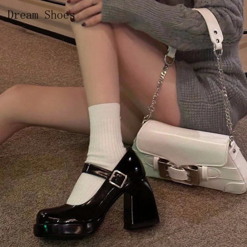 

Винтажные черные туфли Мэри Джейн на толстом каблуке, весенне-осенние туфли на высоком каблуке с круглым носком и пряжкой в сочетании с платьем