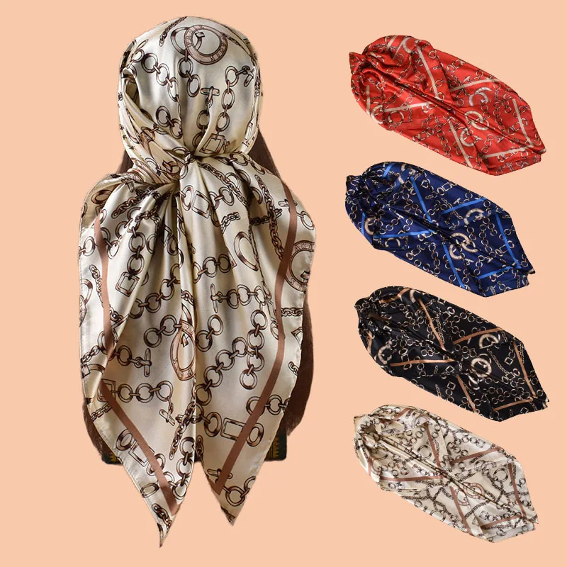 

1 шт., женский шелковый квадратный шарф с разноцветным узором-цепочкой, модный платок с запахом для путешествий, вечерней вечеринки