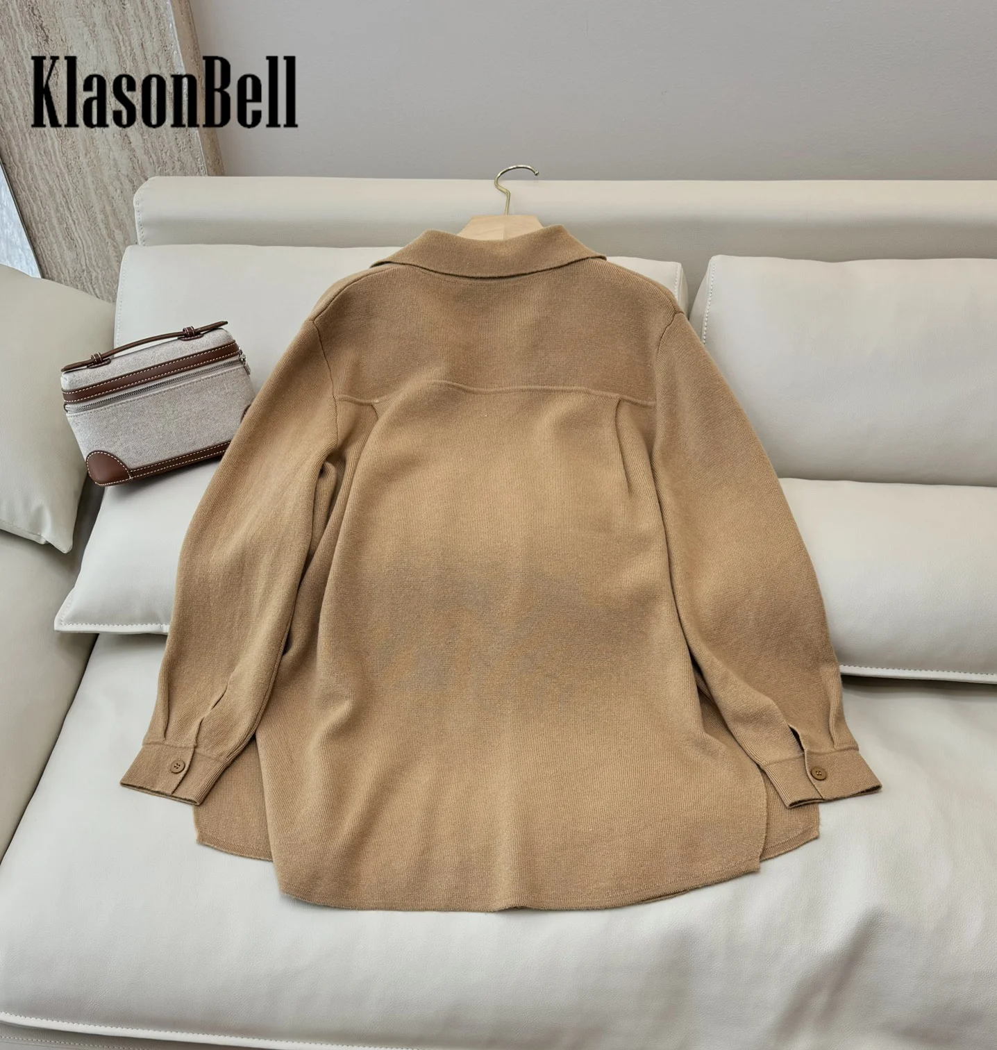 9.4 KlasonBell Women\'s Embroidery Letter 100% Wool Knit Long Sleeve Cardigan Double Pocket Buttonless Lapel Side Split Coat