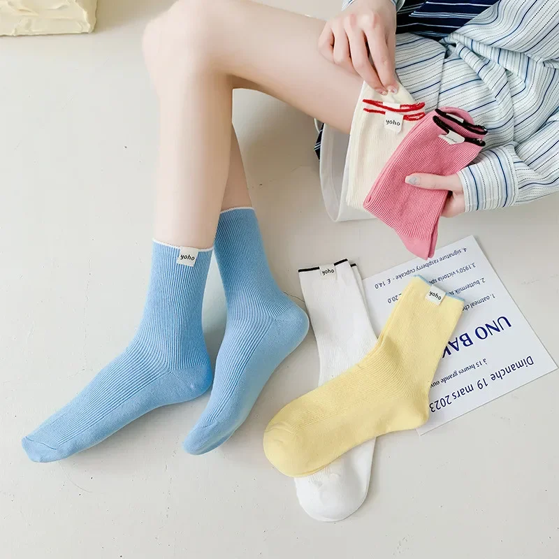 

Minimalist Trendy Solid Color Casual Socks Korean Style Contrasting Color Women Japanese Breathable Sweet Casual Tube Crew Socks