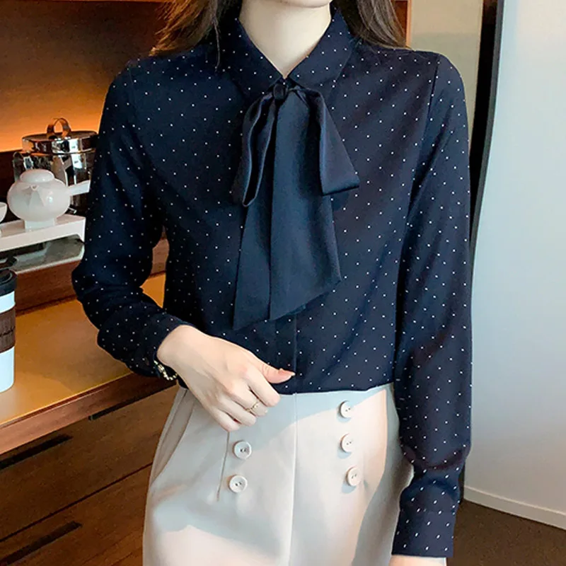 

2025 Fashion Office Lady Long Sleeve Turn Down Collar Women Shirt Dot Bow Elegant Shirt Blouse Women Tops Camisas De Mujer N675