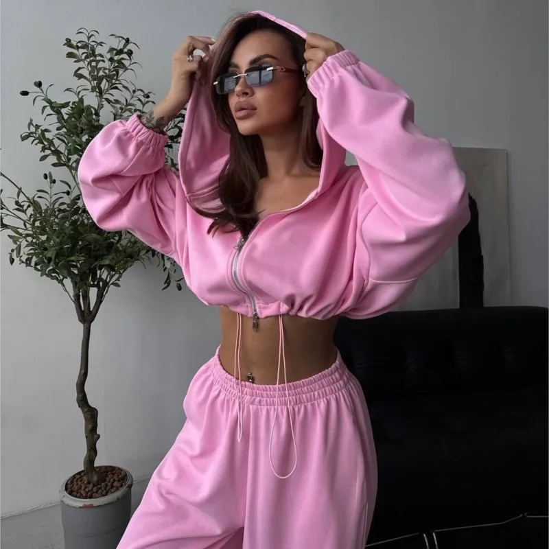 

Casual Streetwear 2025 Spring New Solid Color Tie-Waist Hooded Sweatshirt Elastic Waist Joggers Two-Piece Set Cozy Fit