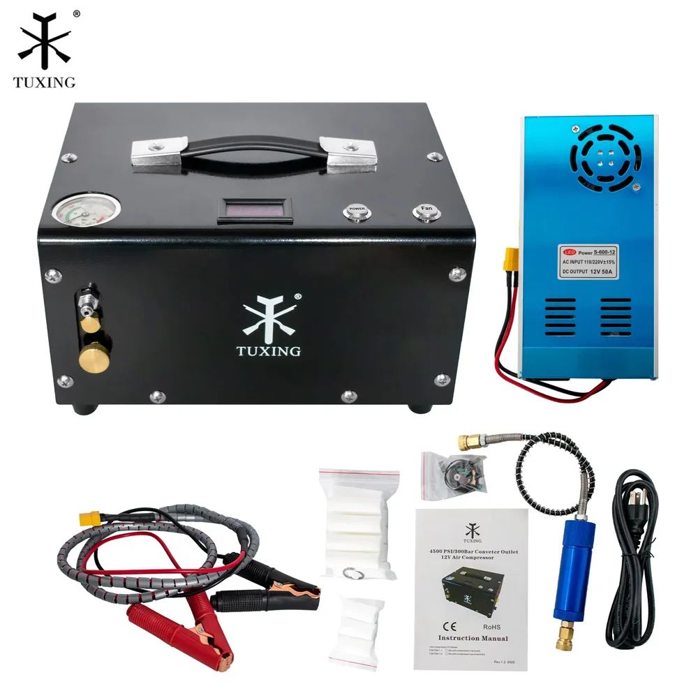 Compresor de aire PCP TUXING de 300 bar y 4500 psi de alta presión, portátil, con fuente de alimentación para automóvil de 12 V para buceo con rifle de aire comprimido