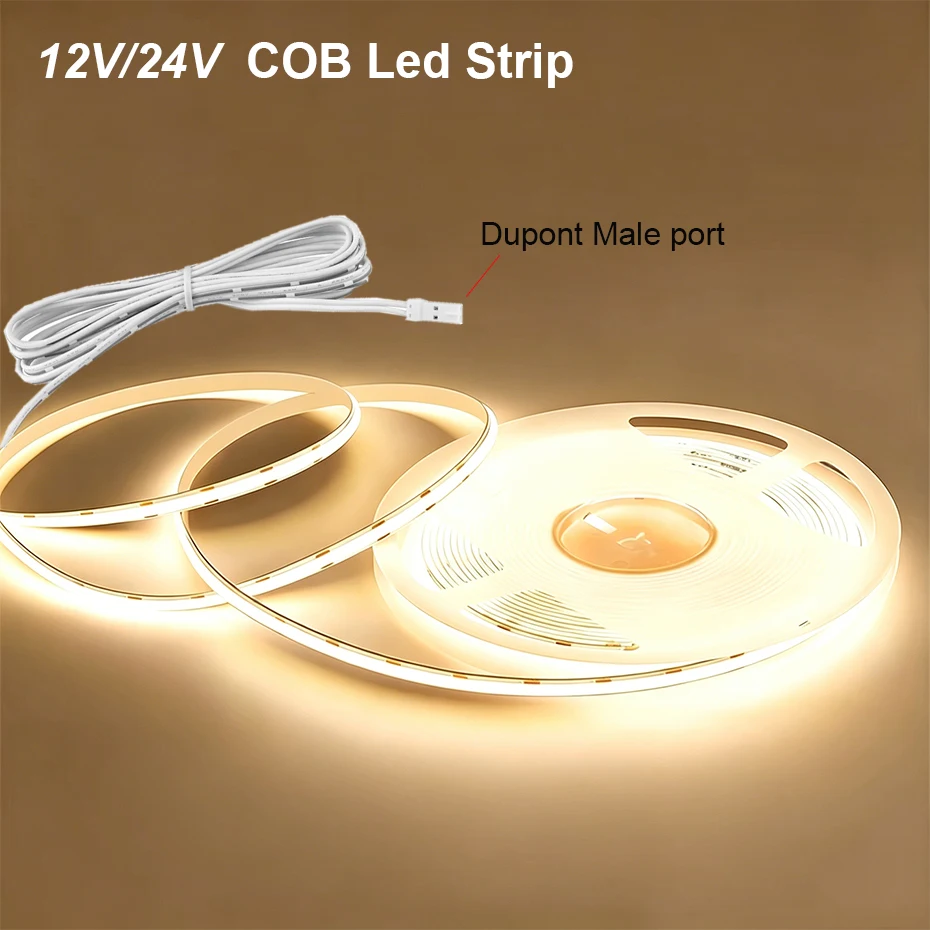 Only Led COB Strip light 12V 24V Dupont port Cabinet LED Tape Adhesive Flexible DIY Led Lighting 1M 3M 5M 320LEDs/m Indoor Decor