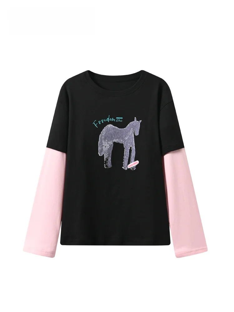 

Loose Long Sve T-irt Women's plus Size Korean Sle Casual Top Trendy Patchwork Spring New Arrival Big Sister