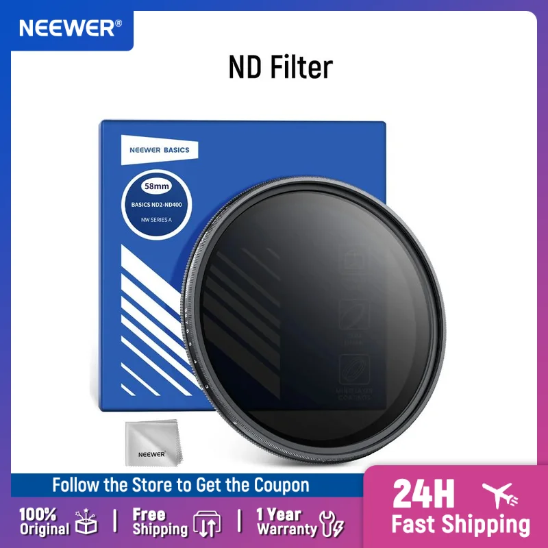 NEEWER Basics 58mm مرشح ND متغير ND2-400 1-9 توقف تخفيض الضوء للتدوير مرشح الكثافة المحايدة المتغيرة