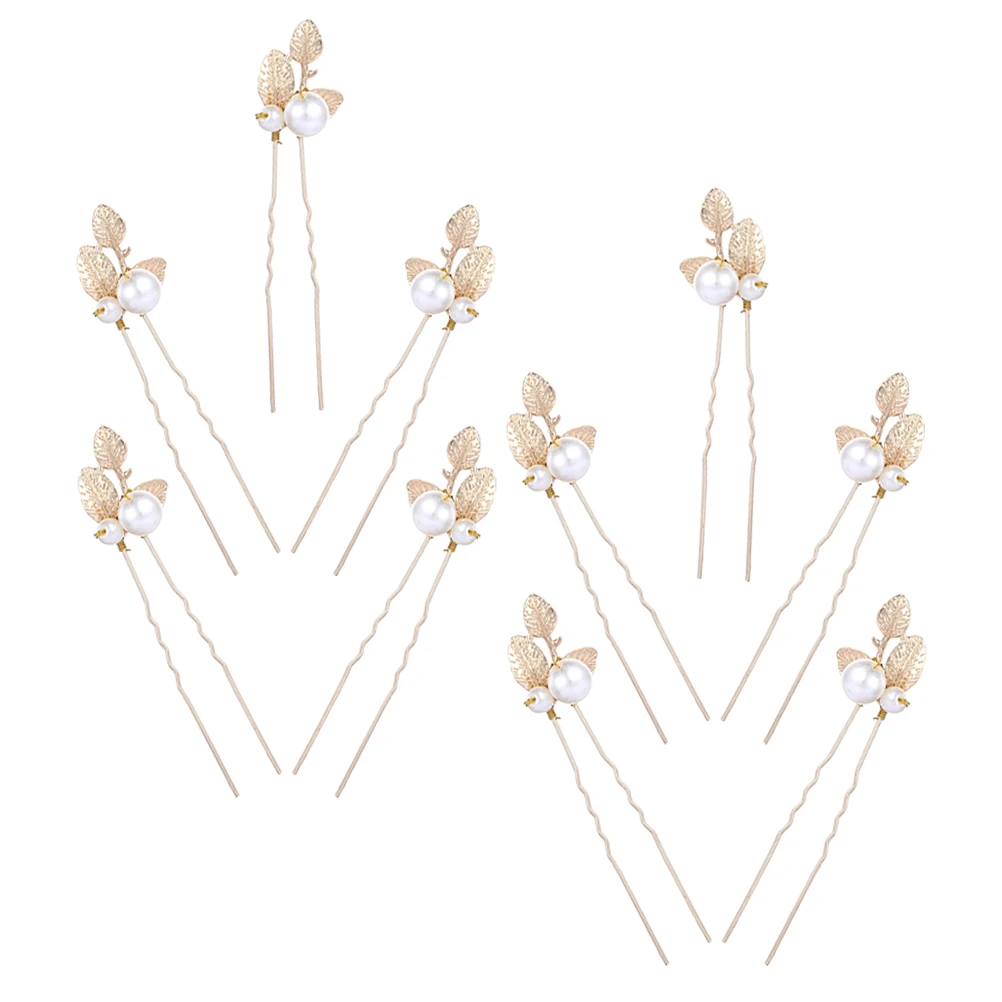 

10Pcs Pearl Leaf Hair Pins Wedding Bridal Hair Clips Gold U Shaped Chopsticks Chignon Bride Bun Accessories Chopsticks Chignon