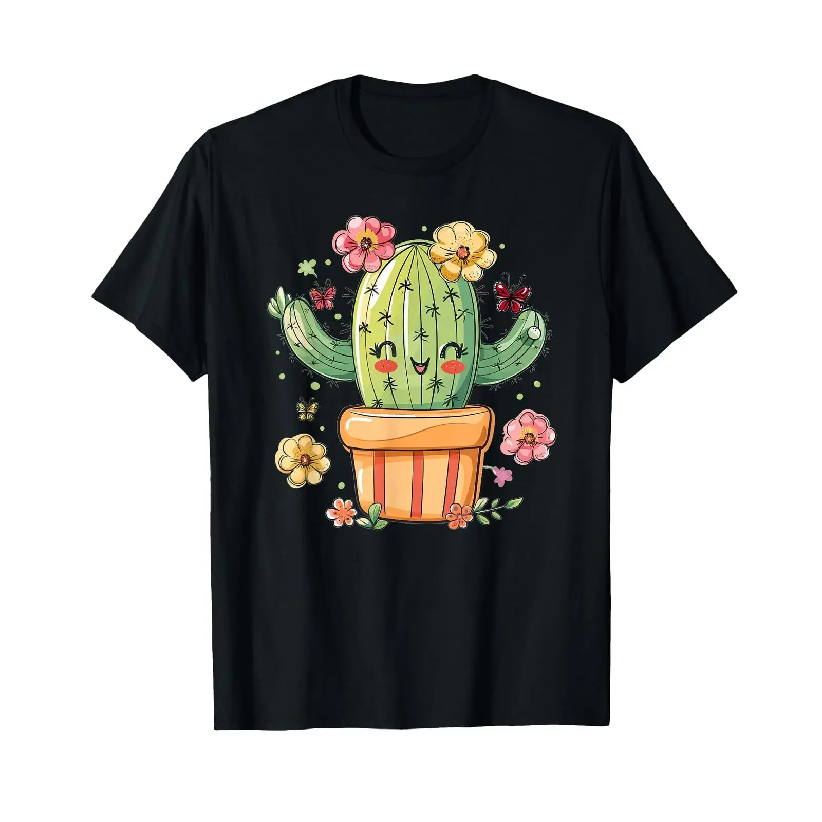 Colourful Cactus with Flowers I T Shirt black vintage Washed Unisex streetwear Versatile Comfortable Stylish fashion homme