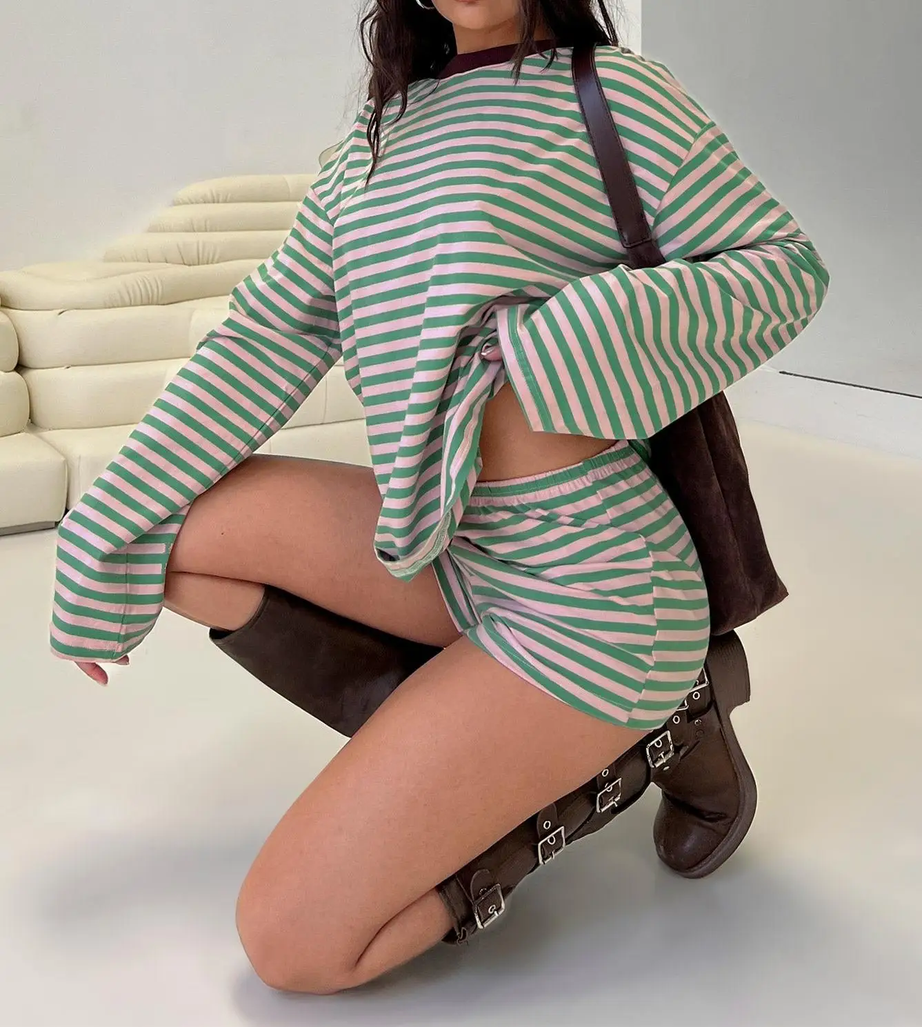 

Новая модная женская полосатая футболка с длинным рукавом и круглым вырезом с эластичной резинкой на талии, шорты, летняя одежда, горячая распродажа, S, M, L