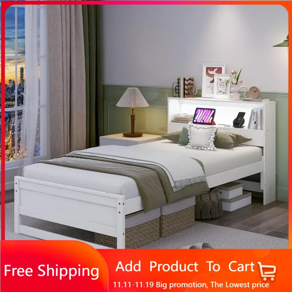 

Twin Bed Frames with Storage Headboard, Wood Platform Bed with Charging Station & LED Light, Single Bed with Slats Support