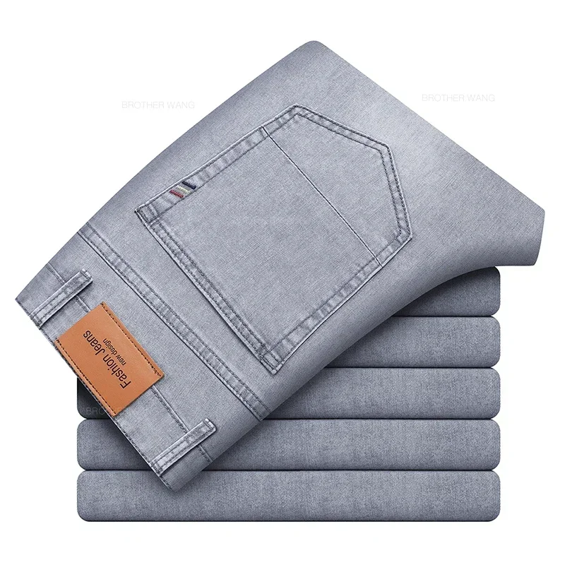

Pop Fashion Smoke Gray Thin Men's Straight Jeans Summer Business Soft Casual Denim Pants Cotton Elastic Male Brand Trousers