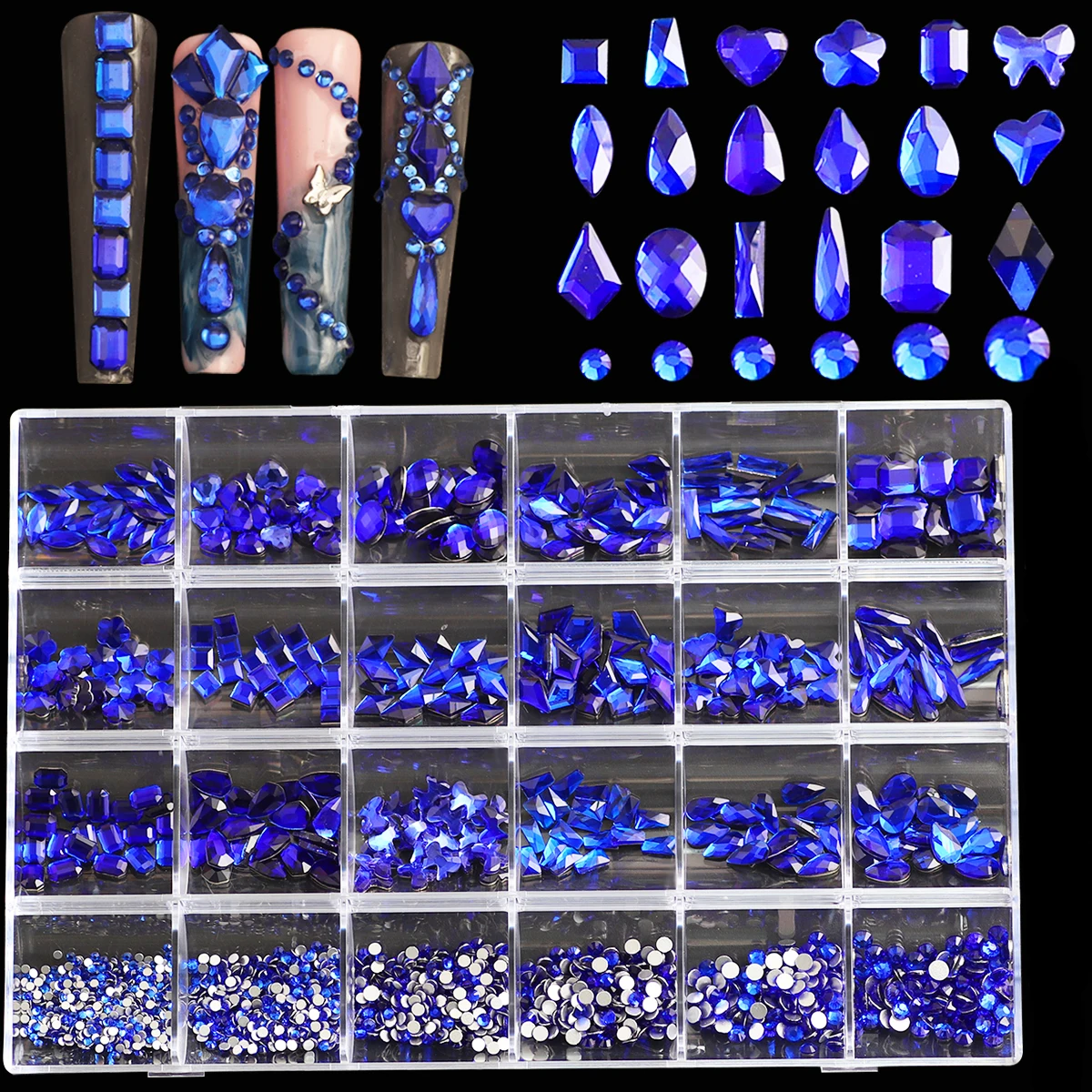 ชุดเพชรตกแต่งเล็บ 3 มิติ รูปทรงหลากหลาย 1 กล่อง - 24 ช่องคริสตัล AB แบบเรียบ  อุปกรณ์ตกแต่งเล็บหลากหลายสไตล์