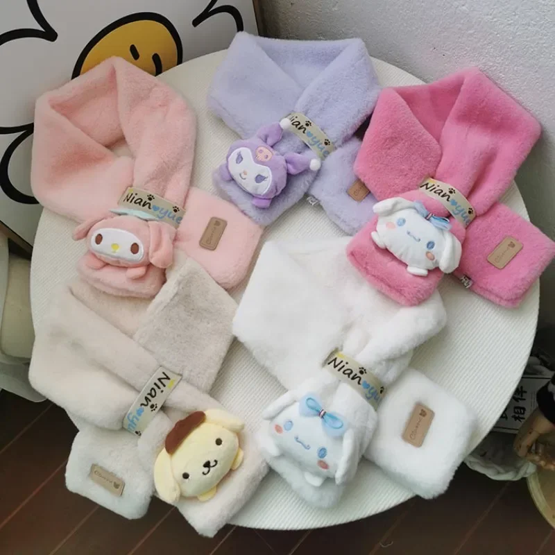 

Kuromi Cinnamoroll Kawaii Sanrio Ins Children Warm Scarf Autumn Winter Cute PomPomPurin Thick Lovely Doll Scarf Gifts for Kids