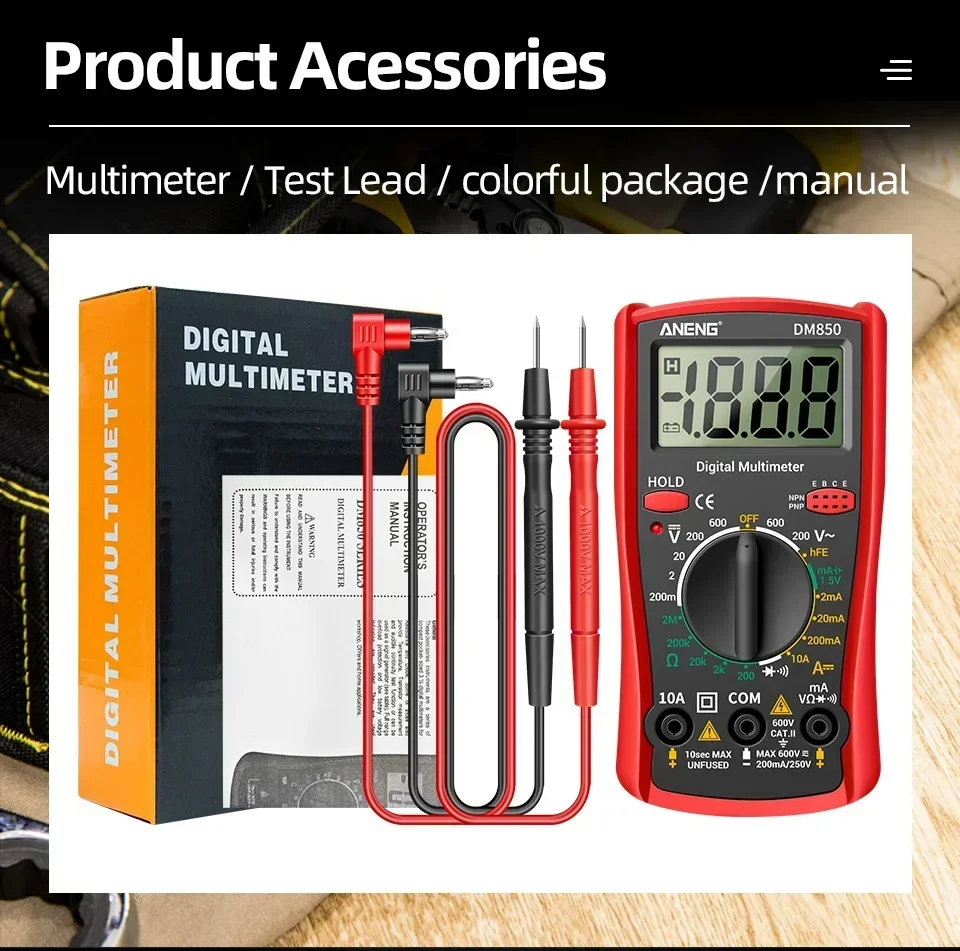 ANENG DM850 Smart Multimeter, professionelles automatisches AC/DC-Spannungsprüfgerät, 1999 Messwerte, Ohm-Amperemeter-Detektor, Widerstandsmessgerät – Detail 8