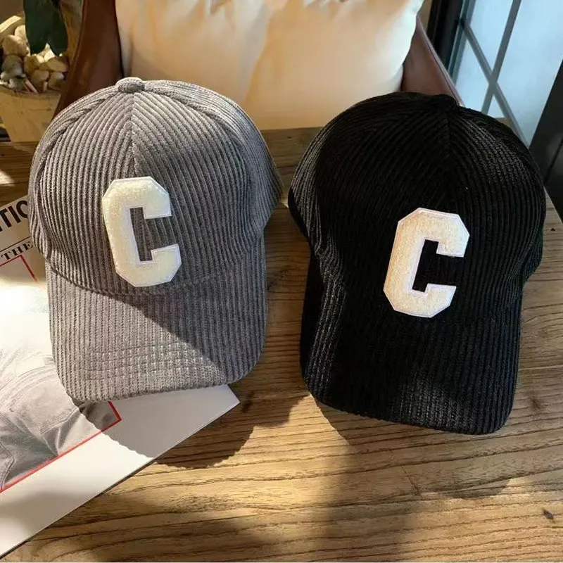 Autumn Winter Men Canvas Light Corduroy Quilted Baseball Cap C Logo Casual Korean Style Daily Outdoor Streetwear Sun Hat
