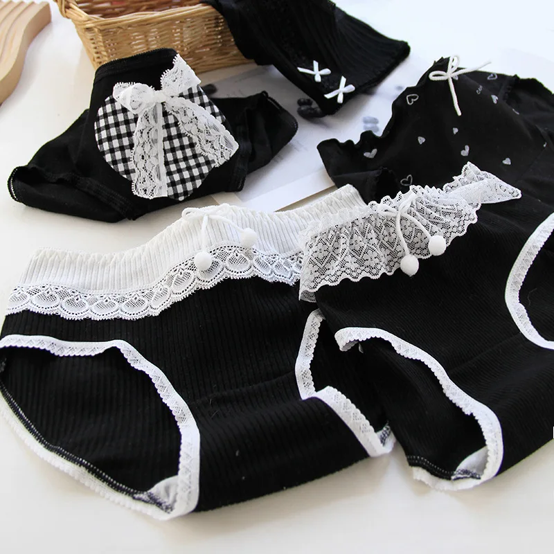 Lace Love Plaid Girls Panties Student Cotton Crotch Mid Waist Ladies Shorts Female Lolita Bow Black Series Sexy Underwear Women