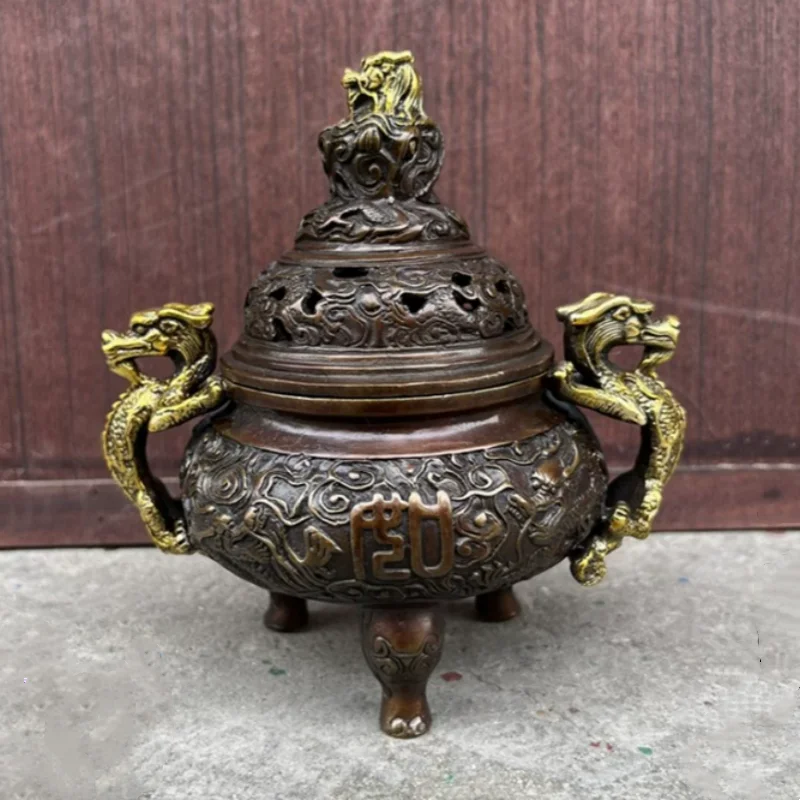 Chinese Buddhist Copper Dragon Beast Statue Incense Burner Censer