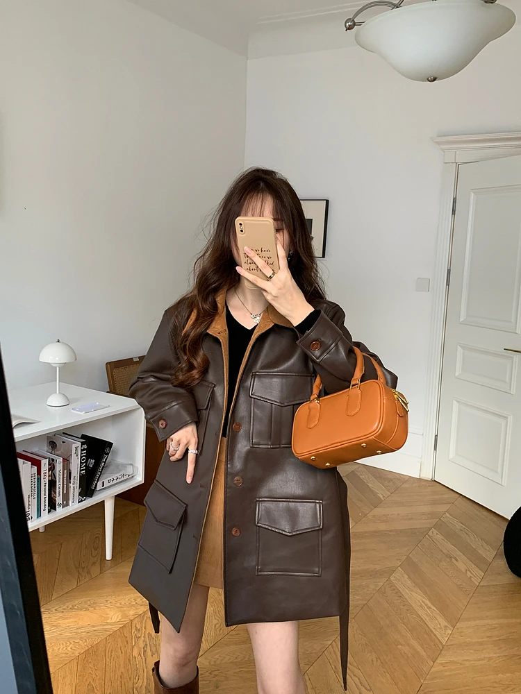 DANCC Brown Cotton Lined Thiened PU Leather Jaet Women's Autumn Winter Mid-Length oulder Appropriate Outerwear