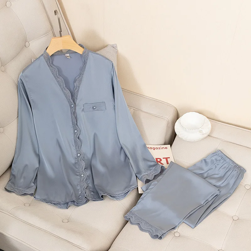 Conjunto de pijamas casuais cetim sexy 2 peça pijamas de seda loungewear sólido pijamas primavera novo roupão camisa & calças