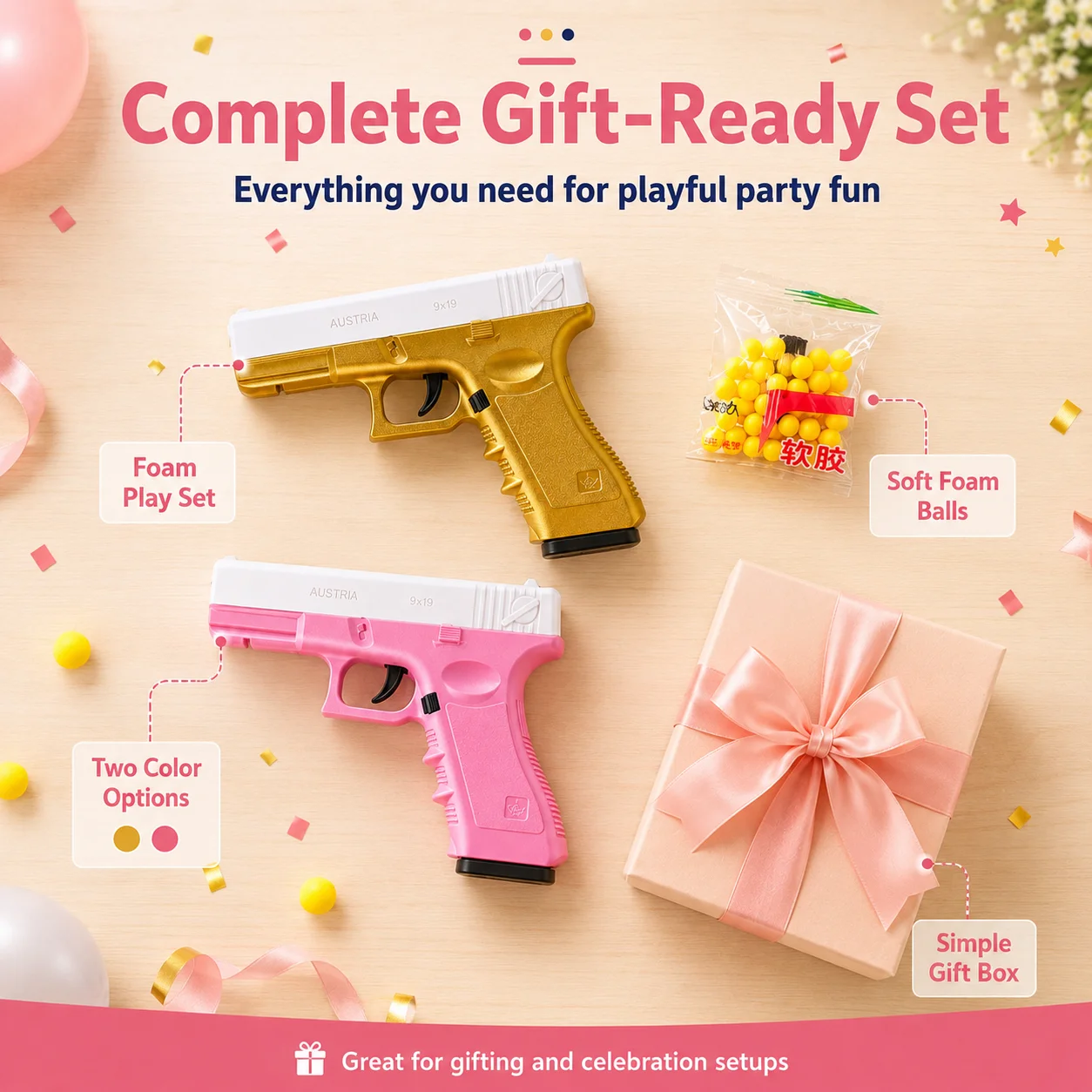 Hot Sale Gold Pink Foam Blaster Set Fun Novelty Gift for Festival Party Social Event Celebrations