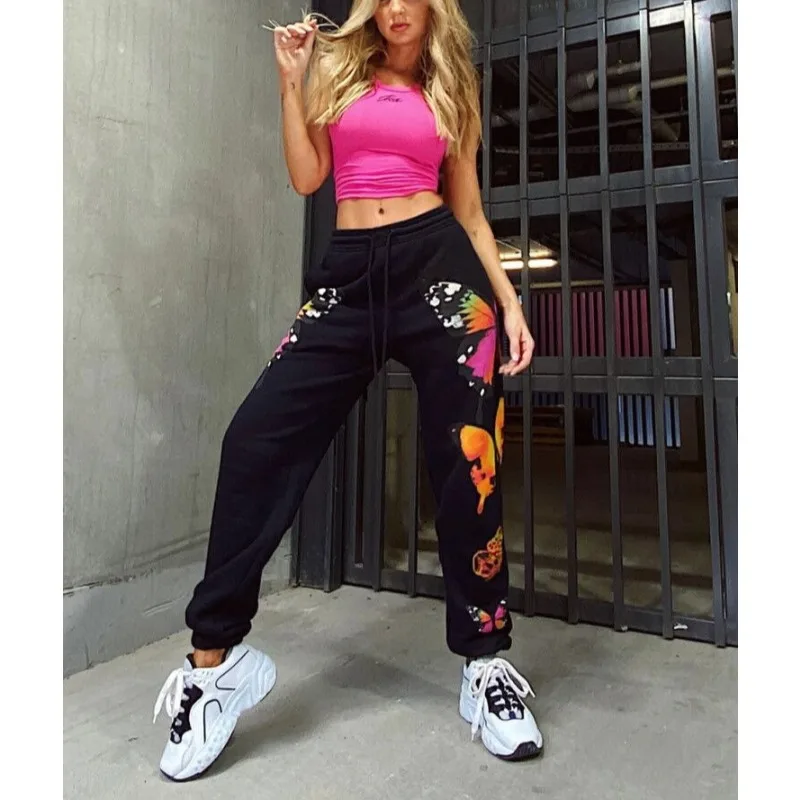 Krisnanas Hip Hop Style Butterfly Printed Pants for Woman 2025 Autumn Winter Loose Commuting Elastic Waist Trousers  58924