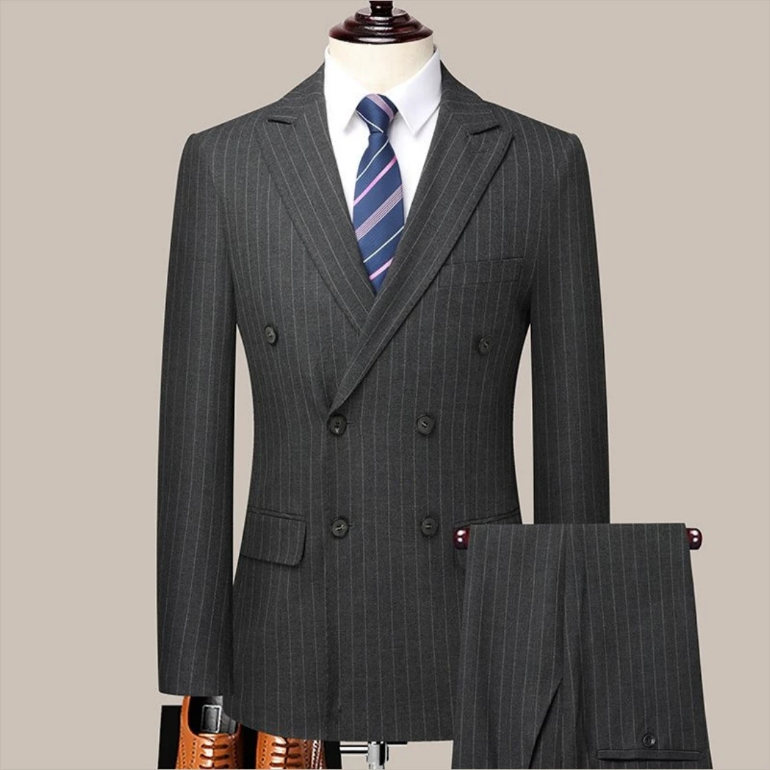 Grey Stripe Double Breasted Groom Tuxedo for Wedding prom 2pcs Blazer Pants Formal Business Classic Man Suit