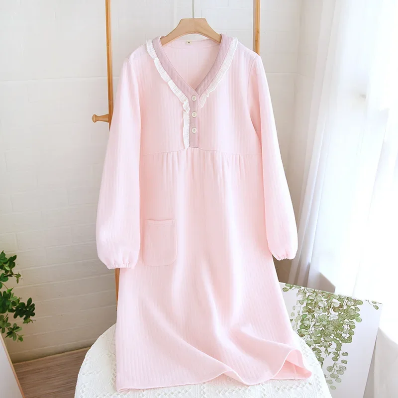 Autumn and Winter New Women\'s Long Skirt Thickened Thermal Nightdress 100% Cotton Cotton Clip Long Sleeve Home Dress sleepwear