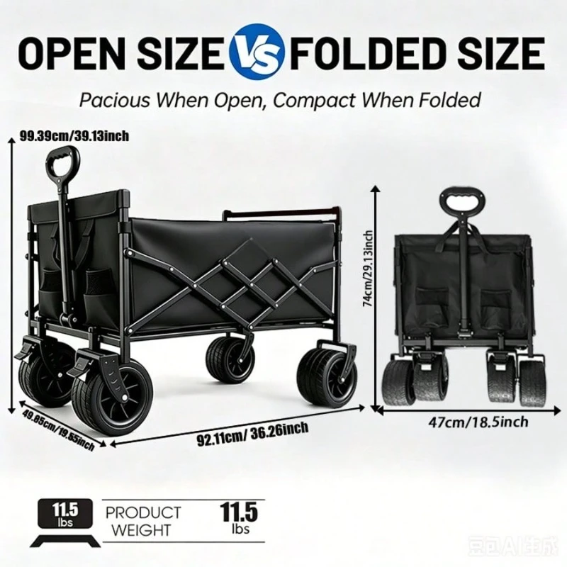 Adjustable Frame Collapsible Utility Wagon Cart, Large Capacity 980L Total Volume Heavy Duty Foldable Beach Wagon With 580L Extra Internal Storage Space, Portable Fold Grocery Shopping Trolley, All Terrain Wheel Outdoor Hand Cart For Beach Camping Pi
