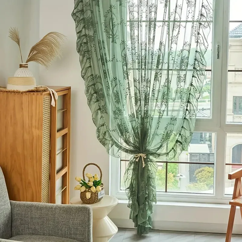 Ruffled Floral Sheer Jacquard Tulle Curtain Panel for Living Room Window Drapes Vintage Lace Voile Rod Pocket Home Decorative
