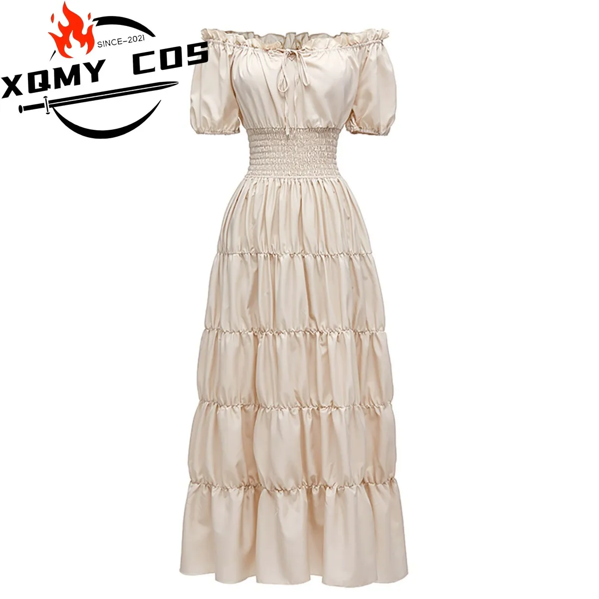 

XqМредково-вековский костюм эпохи Возрождения для косплея в стиле бохо с короткими рукавами и открытыми плечами, ретро плиссированное длинное платье, женский сексуальный карнавальный костюм