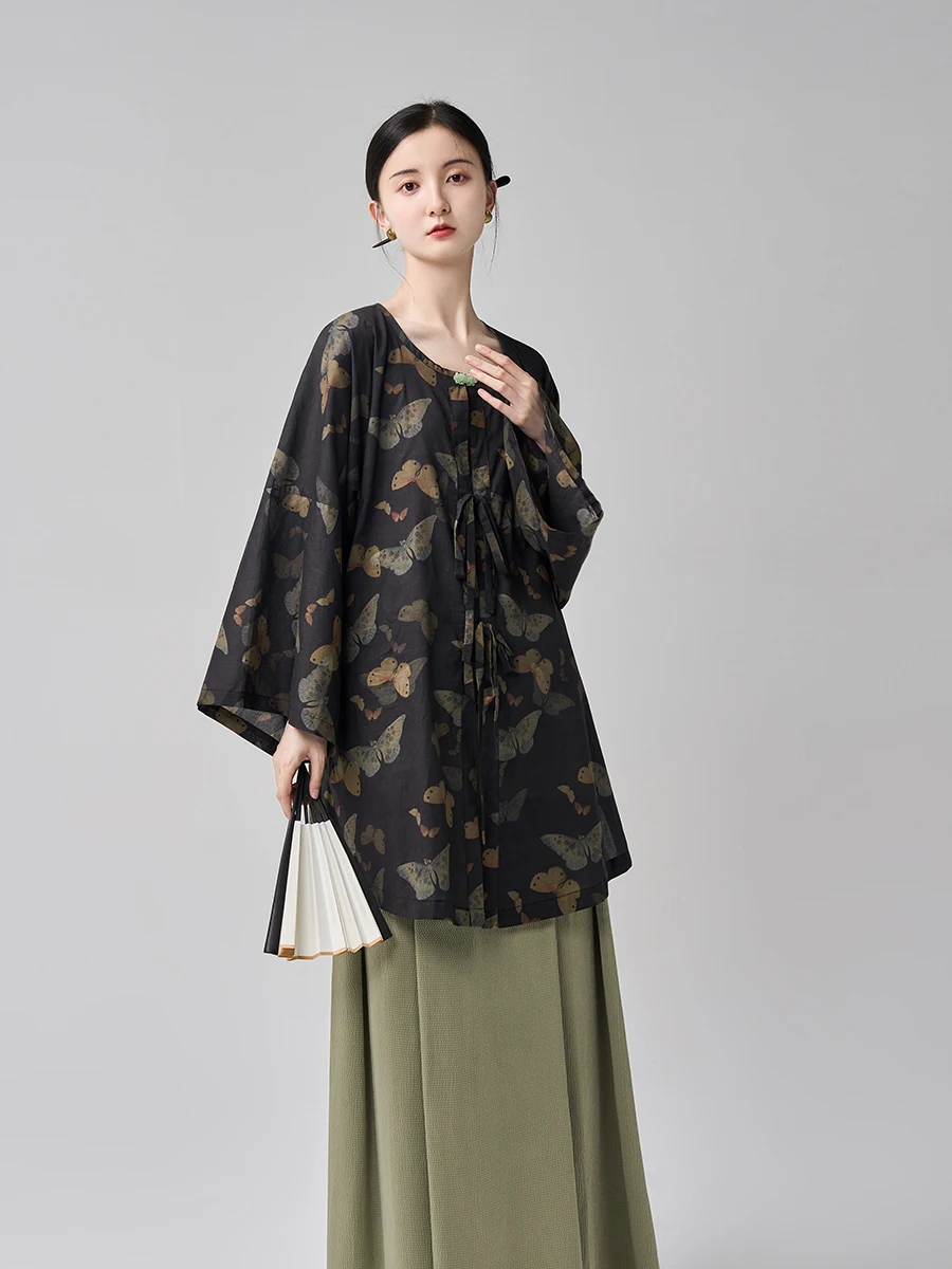 

Оригинальная женская блузка Ханьфу с воротником, полуоткрытая, с цветочным принтом, для повседневной носки весной и летом, в стиле традиционной культуры.