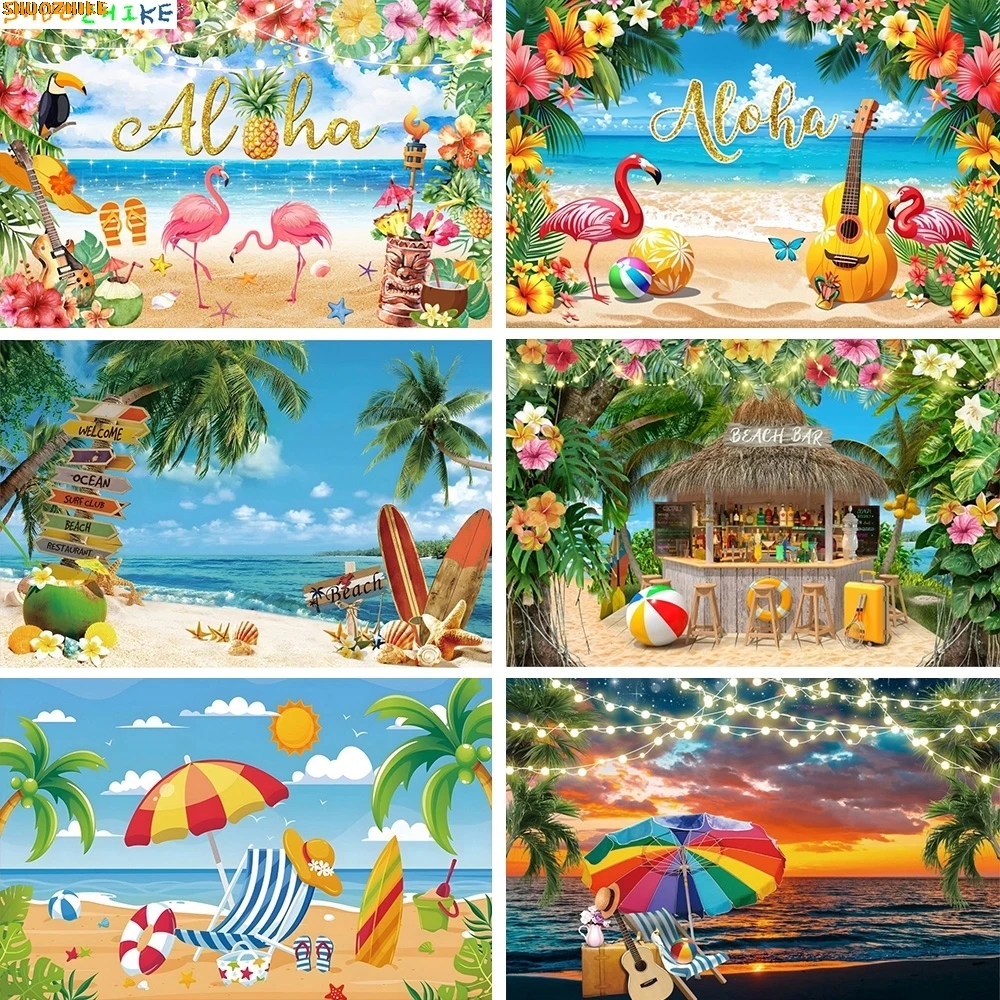 

Summer Hawaii Beach Backdrop Tropical Flowers Aloha Luau Sea Surfboard Holiday Party Birthday Photography Background XZ-01