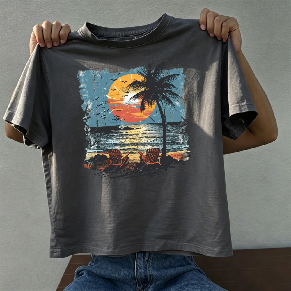 Vintage Palm Beach Sunset Summer Men Cotton Tshirt Retro Seaside Chair Coconut Tree Distressed Ocean Graphic Short Sleeve Attire