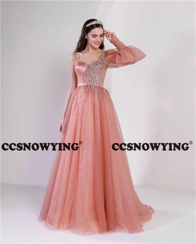 

Coral Tulle Beaded One Shoulder Prom Dresses Long Sleeve Formal Evening Party Gown A Line Women Robe De Soiree