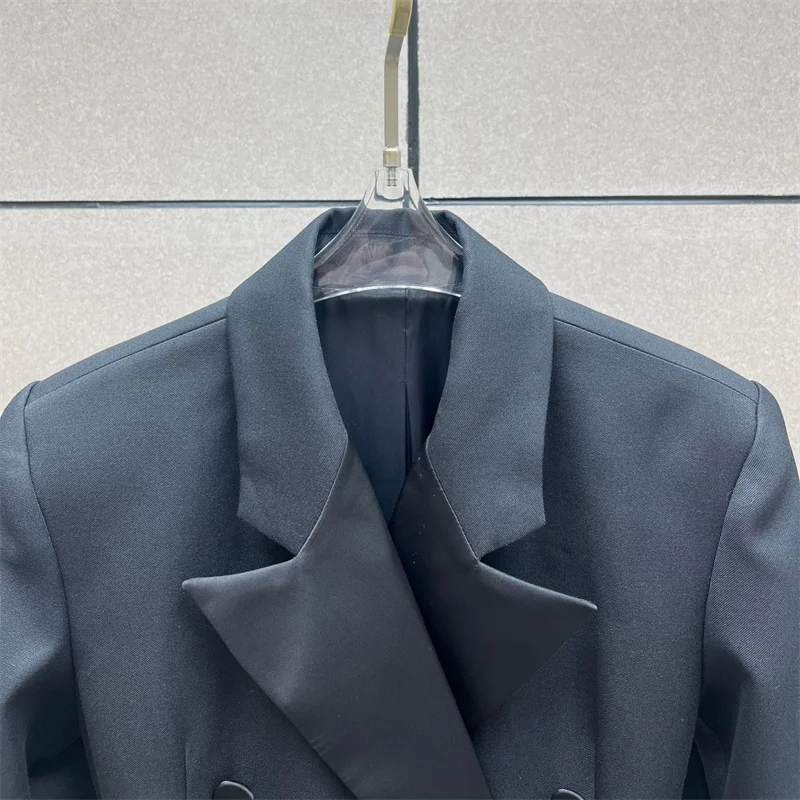 

Women's jacket Winter 2025 new satin patchwork lapel Women's blazer Double breasted slim fit women's suit jacket wool blend coat