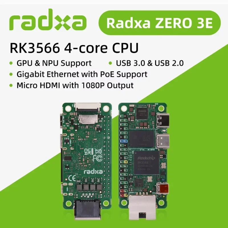 Radxa ZERO 3E RK3566, 4-core CPU SBC, GPU, NPU, HDMI, with 1080P Output, Gigabit Ethernet, Single Board Computer