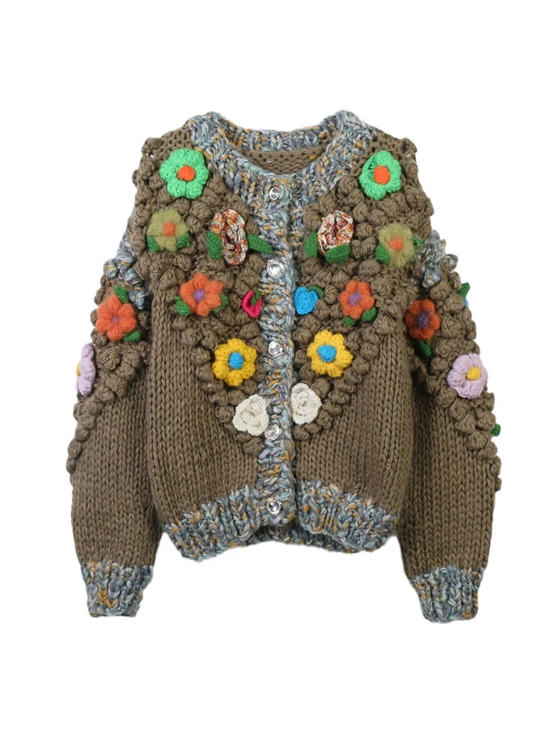 2024 autunno inverno maglione da donna O collo a maniche lunghe fiore splicing allentato cardigan lavorato a maglia retrò maglioni caldi spessi Top