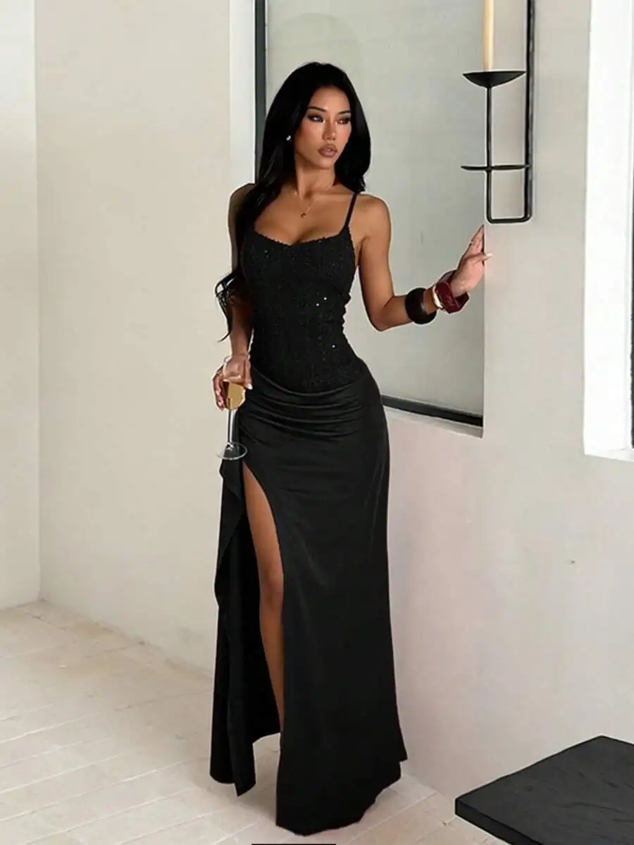 

Black Textured Slit Strap Bodycon Dress For Women Cocktail Party Gown Vacation Resort Wear