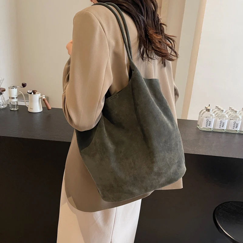 Suede Sewing Thread Retro Women\'s Shoulder Bags Zipper Casual Versatile 2024 New Solid Colors High Capacity Casual Tote